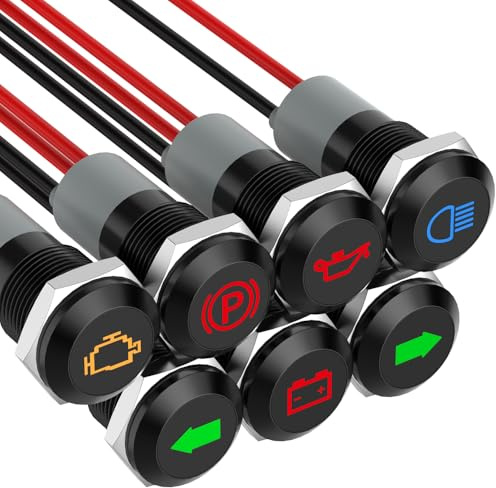 Malictele Indicator Light, 12V LED Small Indicator Light Waterproof 1/2 Panel Cutout 12V 24V Metal LED Indicator Pilot Dash Light with 145MM Wires -7PCS
