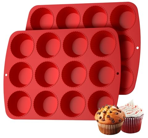 Pirottini per muffin in silicone per 12 muffin, 2 stampi per muffin, 32 x 23 cm, senza BPA, rivestimento antiaderente per cuocere, crema e budino (2, rosso)