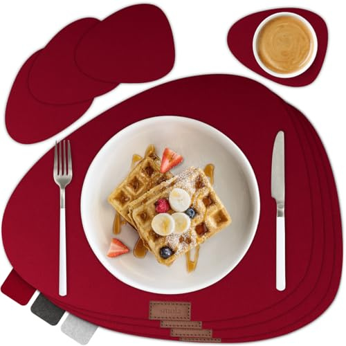 smøla 8-teiliges Premium Filz Tischset - Oval inkl. Untersetzer I Platzset Abwaschbar Rot I Platzdeckchen Set Abwischbar mit Filzuntersetzer für Teller, Gläser I Tischdeko Winter, Weinrot