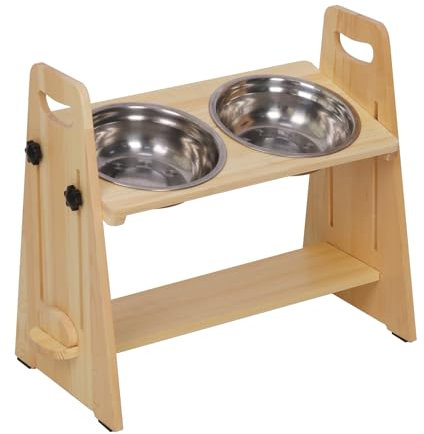 BingoPaw Raised Dog Bowls Stand: Personalised Large Wooden Height Adjustable Elevated Dog Food Water Bowl with 2 Stainless Steel Bowls Wood Pet Cat Feeder Station