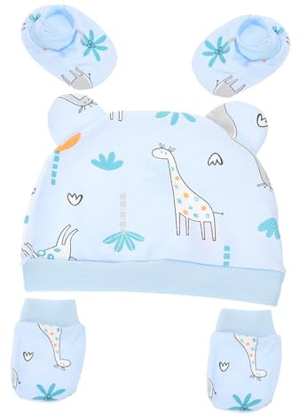 SHOWERORO Gorro de Algodón Diseño Elástico para Recién Nacido Conjunto de 3 Piezas Mitones y Calcetines Cálidos para Bebés, Adecuado para Uso Diario