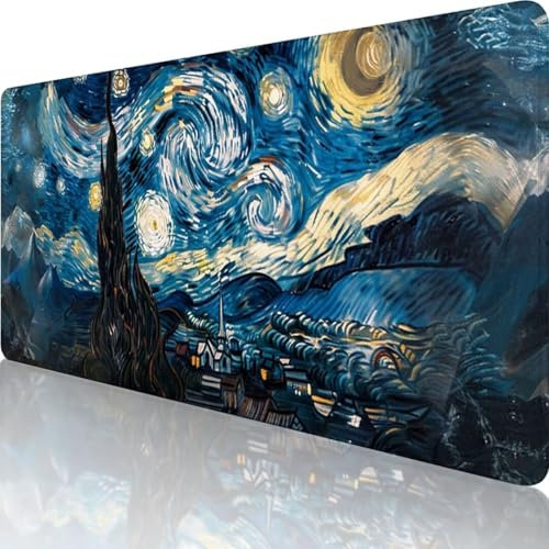 Blau Mauspad XXL 800 x 300, Erweiterte Groß Mousepad Van Gogh, Wasserfest Schreibtischunterlage Vernähte Kanten Design, Mouse Pad mit rutschfeste Gummibasis für Pc Büro Deko, Geschenke für Frauen o-8