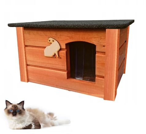 QLS Katzenhaus aus Holz 60x44 cm für draißen Isoliert Winterfest Montiert Outdoor (Teak, 60x44 cm)