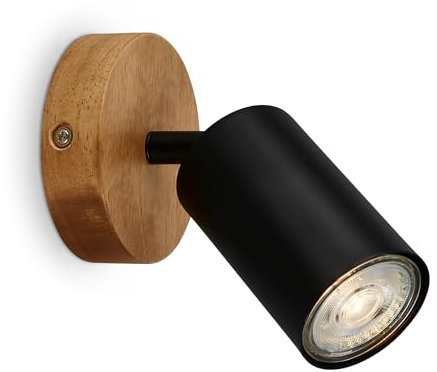 B.K.Licht - Applique intérieure avec base en bois, orientable, GU10, max. 9W, lampe de lecture, salon, lampe, applique, cuisine, couloir, éclairage mural, 9x8,5 cm, noir