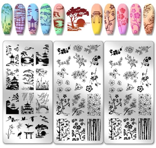 PH PandaHall 3 pz Modelli per Nail Art In Stile Cinese, Piastra per Stampaggio Unghie In Stile Antico, Stencil per Nail Art con Paesaggio In Fiore, Nail Art Stamping con Giardino Classico Cinese