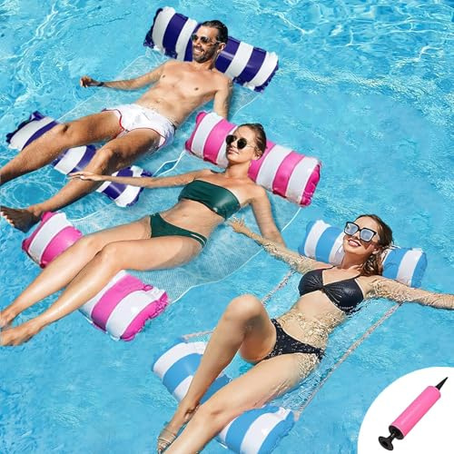 3 Pack Pool Float Water Hammock,Inflatable Swimming Pool Float Hammock for Adults, 4-in-1Multi-Purpose Water Floating Chair Bed Raft Recliner Float Lounger Float Hammock with Infloator Pump