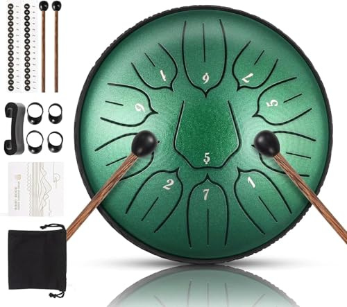 Zungentrommel, 6 Zoll 11 Noten D-Dur Steel Tongue Drum mit Musikbuch, Trommelschlägeln, Steel Pan Töne Schlaginstrument Schlagzeug Anfänger für Meditation Yoga (Jadegrün, 6 Zoll, 11 Töne)