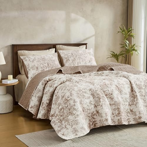 Wonderful Spring Fresh Quilt, Taupe Floral Bedspread King Size, 3 Piece Cotton Vintage Farmhouse Bedding Set, Machine Washable Lightweight Soft Bed Cover for All Season