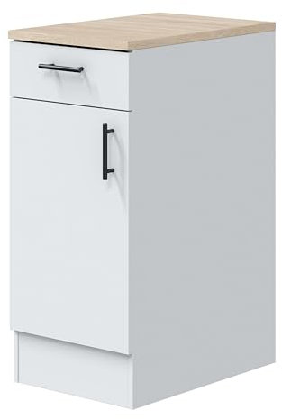 Miroytengo Módulo Inferior Cocina Estrecho Moderno Kira 1 Puerta 1 Cajón Blanco Brillo y Roble Canadian 40x90x60 cm