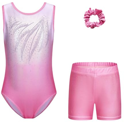 Konstnärlig gymnastik Body för flickor - Flickor Långärmad Ärmlös Gymnastikdräkt med Gradienta Färger Shorts och Pannband, Friidrott Bodysuit för Barn 5–14 år, B201 ROSA, TAG 8A(7-8 anni)