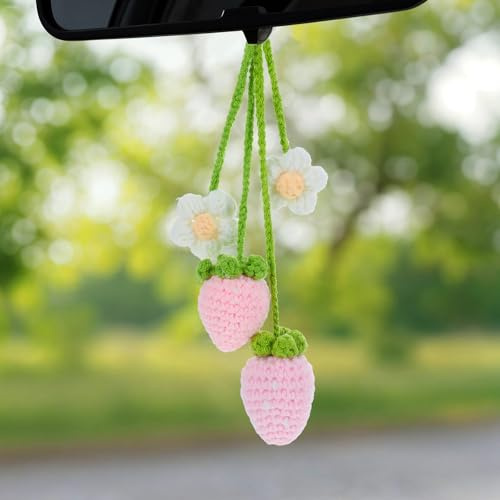 2 Stück Blumen Rückspiegel Anhänger Mini Erdbeer Autospiegel Deko Süße Gehäkelte Blumen Schlüsselanhänger Aesthetic Rosa Erdbeere Taschenanhänger Damen Häkel Auto Zubehör Auto Anhänger