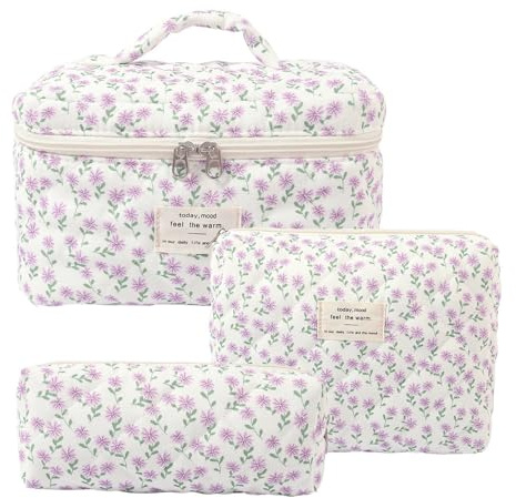 Aucuu 3-st set kosmetikväska, resa sminkväska för damer, blommönt, quiltad necessär, bärbar sminkväska #8 Lila påfågelblomma, Klassiska