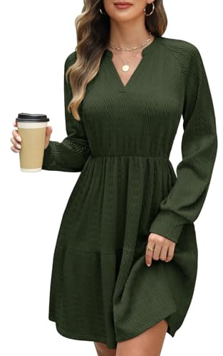 CMTOP Vestito Donna Elegante Maniche Lunghe Vestiti Scollo a V Vita Alta Maglia Abito Moda Casual Midi A Line Vestitino con Tasche per Autunno Primavera