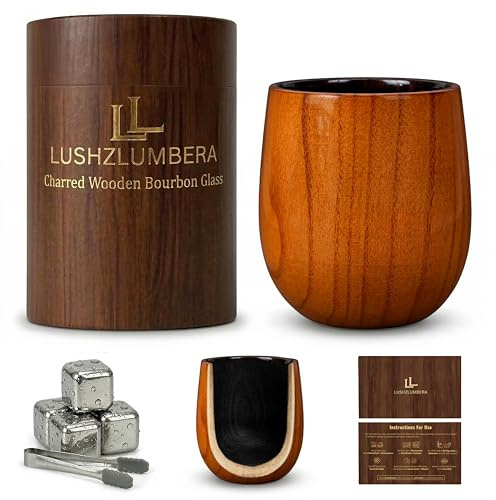 The Charred Wooden Bourbon Drinking Glass Bourbon | Handcrafted Oak Whiskey Tumbler & Grail Cup for Dad, Husband or Boyfriend | Perfect for Birthday, Anniversary, Retirement or Any Special Occasion | Handcrafted Solid Wood, Arrives in Branded Gift Tube - Made for Scotch, Old Fashioned and Neat Pours, Single for Him