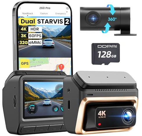 DDPAI Z60 Pro Dashcam Auto 4K, Dual STARVIS 2 IMX678 60FPS HDR, eMMC Integrata 32GB + Scheda 128GB Gratuita, Visione Notturna AI-ISP, 4G LTE, WiFi 5GHz, GPS, Modalità Parcheggio 24h, Schermo IPS 3