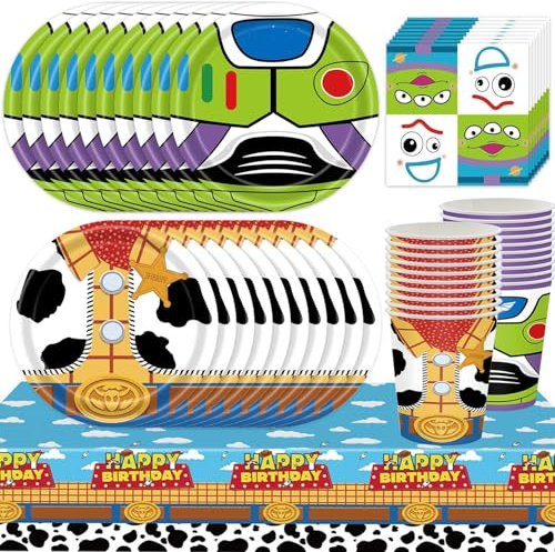 Kit de vaisselle pour fête d'anniversaire pour enfants, 61 pièces d'accessoires de décoration de fête pour jouets, thème de dessin animé, assiettes en carton, serviettes en papier, tasses en papier
