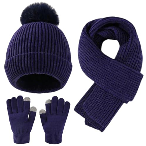 Yaopelky Niño Niña Gorro Beanie Bufanda Guantes con Pantalla táctil Juego de Gorro Tejido Cálido con Pompón Bufanda Larga para el Cuello Calentadores de Manos, azul marino, Einheitsgröße für Kinder