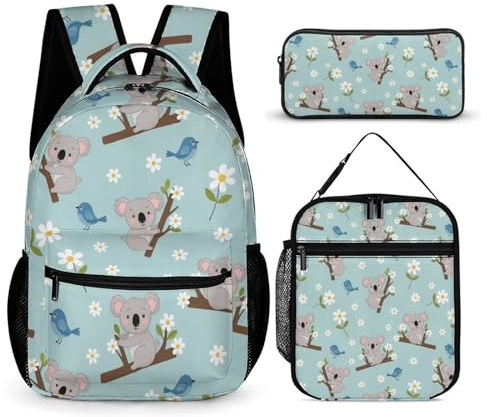 peiyeety Conjunto de mochila de viaje con loncheras y neceser, mochila con diseño de koala floral y lonchera, conjunto de mochila y mochila.