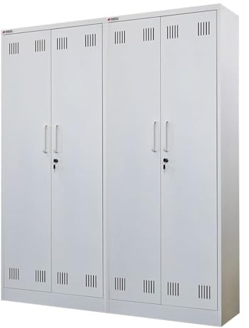 PROREGAL Mega Deal 2X Putzmittelschrank Rhino Metall 2 Türen abschließbar Besenschrank schmal 170x70x30cm 5 Fächern & Kleiderstange Stahl Weiß Putzschrank Mehrzweckschrank Haushaltsschrank