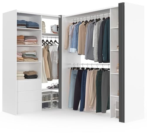IDMarket - Ausziehbarer Eckkleiderschrank MARLON 200 x 150 x 180 cm weiß mit Garderobe + Schubladen + Regalen + grauen Vorhängen