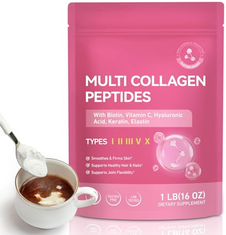 Collagen Pulver - Multi Peptide - 5-Kollagen Typen (I,II,III,V,X) mit Biotin, Hyaluronsäure & Vitamin C - Unaromatisiert, Ohne Geschmack - Für Haut, Haare, Nägel & Gelenke*- 454g (1lb) - Grass Gefütte