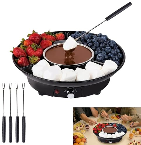 IDAMAKON Juego de fondue de chocolate de 25 W y 280 ml, de chocolate eléctrico, con 2 ajustes de temperatura, un cuenco para chocolate, frutas y galletas y 5 tenedores, ideal para eventos románticos