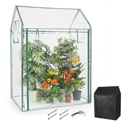 COSTWAY Mini Invernadero Exterior, 129x80x173 cm, Cubierta Portátil de PVC Transparente con Malla Parasol Negra, Puerta y Ventanas, Estacas, Huerto Tomates, Pequeño Invernadero para Verduras y Frutas