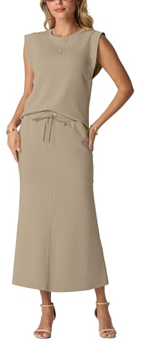 GRECERELLE Zweiteilige Outfits Damen Sommer Trainingsanzug Rundhalsausschnitt Faltenfreies Oberteil und Elastischer Taillen-Midi-Fischschwanzrock mit Taschen