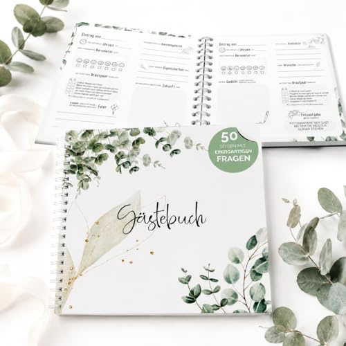 Gästebuch Hochzeit mit Fragen by snaPmee - Für 50 Einträge, jede Seite ist einzigartig - Edles Hardcover mit weißer Spiralbindung - Größe 21x21cm, 300 g/m² Papier (extra dick) inkl. 25 Fotoaufgaben