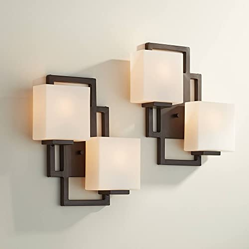 Possini Euro Design Lighting on the Square Modern Wall Light Sconce Set of 2 Bronze Brown Metal Hardwired 13 3/4 Wide 2-Light Fixtures Opal Glass Shade Bedroom Bathroom Bedside Living Room Home