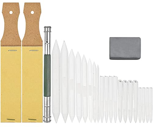 NATUCE 25 Stück Mischen Papierwischer Set, 20 Blending Stumps Set/Tortillionen Set mit 2 Stück Schleifpapier Bleistiftspitzer, 1 Stück Bleistiftverlängerung, 1 Stück gekneteter Radiergummi