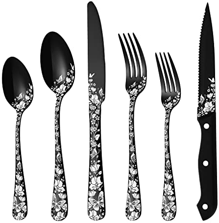 Stapava Set di posate nere da 24 pezzi con coltelli da bistecca per 4, posate uniche in acciaio inossidabile, include forchetta, cucchiaio, coltello, lucidato a specchio, utensili lavabili in