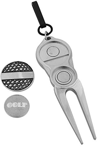 Golfs Pitchfork, Metal Golfs Divot Repair Tool with 2 Removable Ball Markers and Key Ring Training Aids for Golfers(#2)