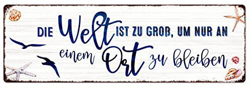 Interluxe Metallschild - Die Welt ist groß - Dekoschild Maritim Meer Muscheln Strand See Reisen Urlaub