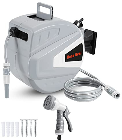 Izrielar - Carrete de Manguera 30 m+2 m Con Ducha, Bobinador Automático, Pinza Giratoria 180°, Bloqueo a Cualquier Longitud (Gris)