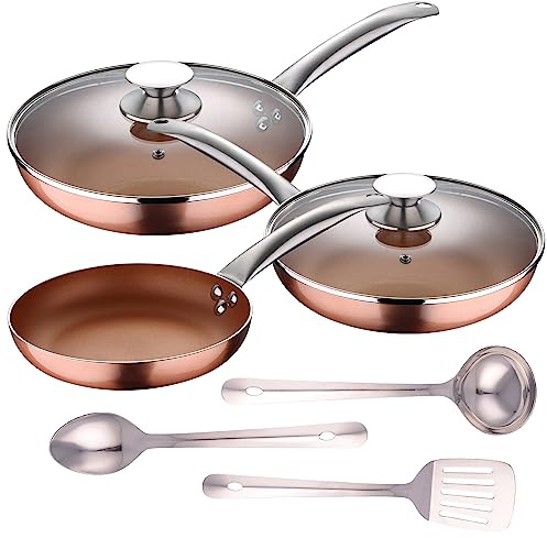Set 5pc sartenes 20,24,28 cm (con tapa) aluminio prensado inducción con Set 3 pc utensilios cocina acero inoxidable