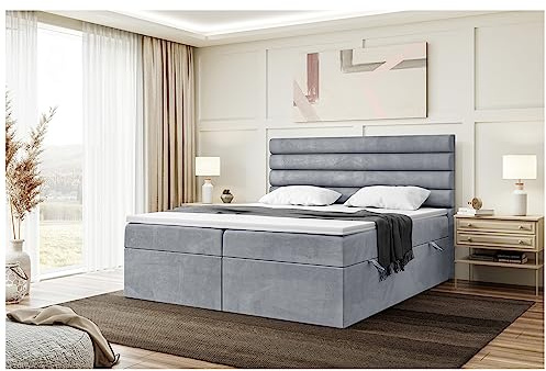 MEBLINI Boxspringbett mit Bettkasten - 180x200 - Gepolstert Doppelbett mit Matratze und Topper - Polsterbett mit Stauraum - Bett mit Kopfteil - Stauraumbett - Karim - H3/Grau Samt