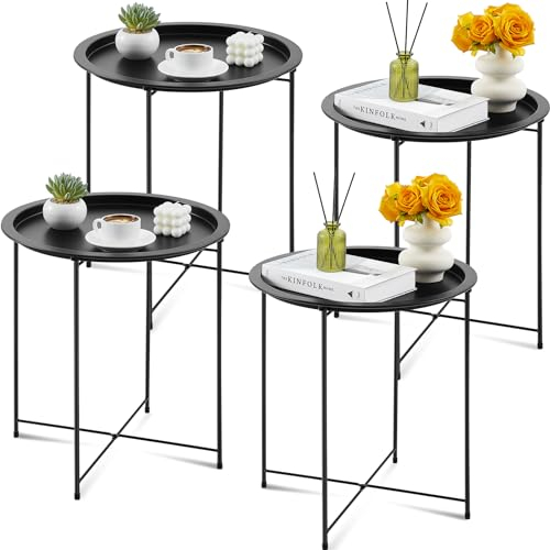 Kigley 4er Set Metall Beistelltisch Klapptablett Rund Faltbarer Beistelltisch Outdoor Tablett Tisch Kleiner Stabiler Snack Nachttisch für Outdoor Indoor Wohnzimmer Schlafzimmer Terrasse, Schwarz, 47,7
