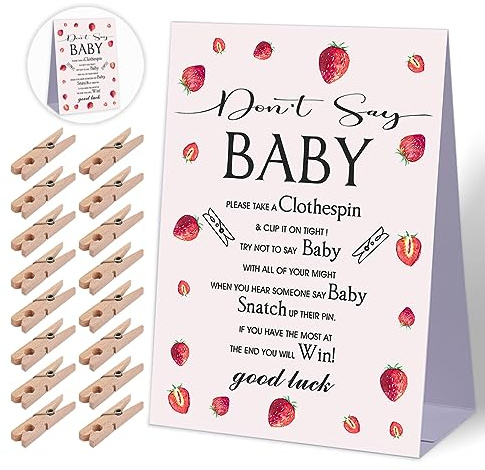 Don't Say Baby Baby Shower Game,Strawberry Berry Sweet Baby Shower Decorations,Mini Clothespins for Baby Shower,Neutral Baby Shower Decorations,1 Sign & 50 Mini Clothespins Set-B10