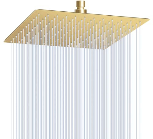 KINLIV 30CM Duschkopf Regendusche Gold Groß, 304 Edelstahl Quadrat Wasserfall Duschkopf Wassersparend, Mit 144 Anti Kalk Düsen, 360° Verstellbarer 12 Zoll Deken Regenduschkopf