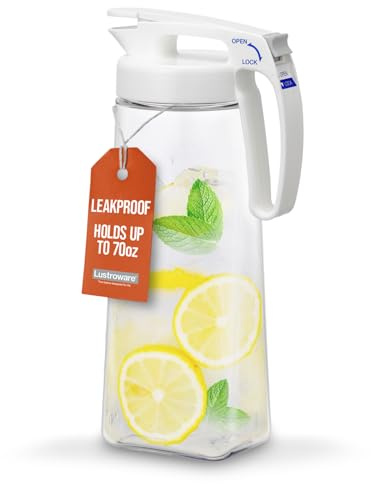 Lustroware QuickServe Airtight Pitcher - 2.1L (70oz), Heat Resistant, BPA-Free SAN Plastic, One Touch Open & Close, Space-Saving, Made in Japan - White