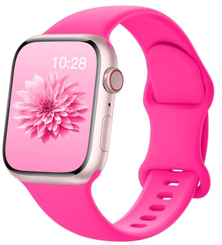 AMSKY Bracelet en Silicone Compatible avec Bracelet Apple Watch 40mm 44mm 42mm 41mm 45mm 38mm 49mm Femme Homme, Sport Bracelet Compatible avec iWatch Serie 9 8 7 6 5 4 3 2 1 SE Ultra, Rose Vif