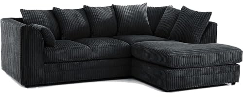 SofaSelection Spacious Jumbo Cord Right Hand Corner Sofa, Soft Cord Fabric L-Shaped Couch with Deep-Filled Scatter Back Cushions, 4-5 Seater Family Living Room Suite (Black)