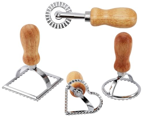 Tefola 4 Pasta Cutter Set, Ravioli Cutter, Dumpling Moulder, Heart Shape Stainless Steel Wood Pasta Cutter Tool for Kitchen Chaos, Dumplings, Doughs