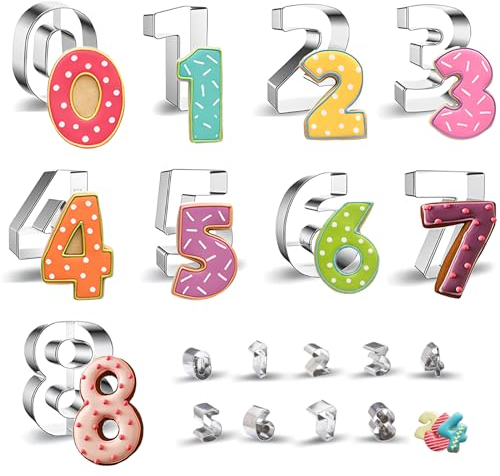 Realand 2 set di 18 formine per biscotti a forma di numero, 8 cm di larghezza + 2,5 cm, confezione assortita di formine per biscotti per feste e compleanni, in acciaio inox, set di formine per