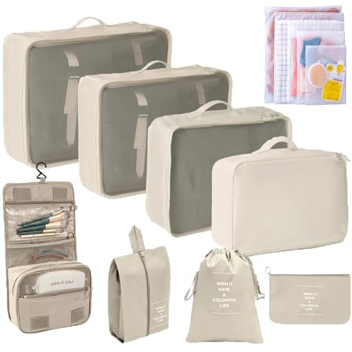 Giznzg 13 Teilige Packing Cubes, Koffer Organizer, Reise Organizer Set Mit Schuhtasche, Kosmetik Tasche, Kleidung Tasche, Zubehör Taschen für Reise Gepäck Organizer Frauen Männer (Beige)