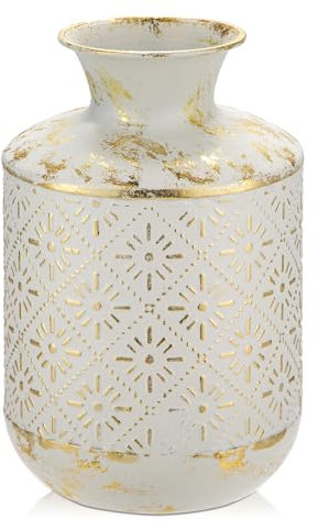 Jarrón de flores, 26 cm de alto, rústico, blanco y dorado, jarrón decorativo de metal Shabby Chic para arreglo floral, flores secas, mesa de comedor, decoración de oficina