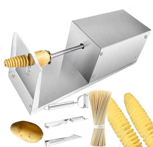 Tagliapatate Elettrico Tornado A Spirale, Tagliapatate Automatico In Acciaio Inossidabile - 3 Pelapatate + 100 Bastoncini Di Bambù - Per La Casa E L'Attività Commerciale,Silver