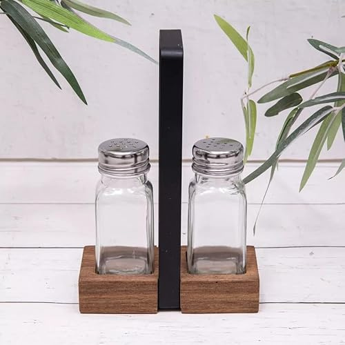 Salt & Pepper Shakers Cruet Set Holder Glass Pots Black Metal Wood Stand