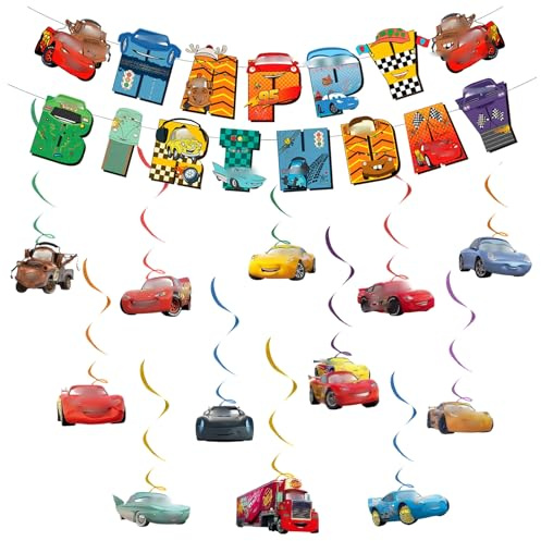 Chukua Car Geburtstag Deko Mädchen- Auto Bunting Girlande Hängende Deko Geburtstag Banner Swirl Decorations Geburtstagsdeko Happy Birthday Banner Deko für Auto Kindergeburtstag Party Supplies Deko